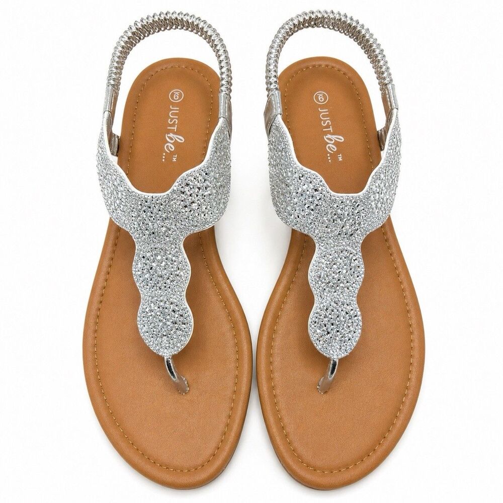 Just Be Silver Rhinestone Thong Sandals Size 9 Sparkly Stretch Slingback NWT